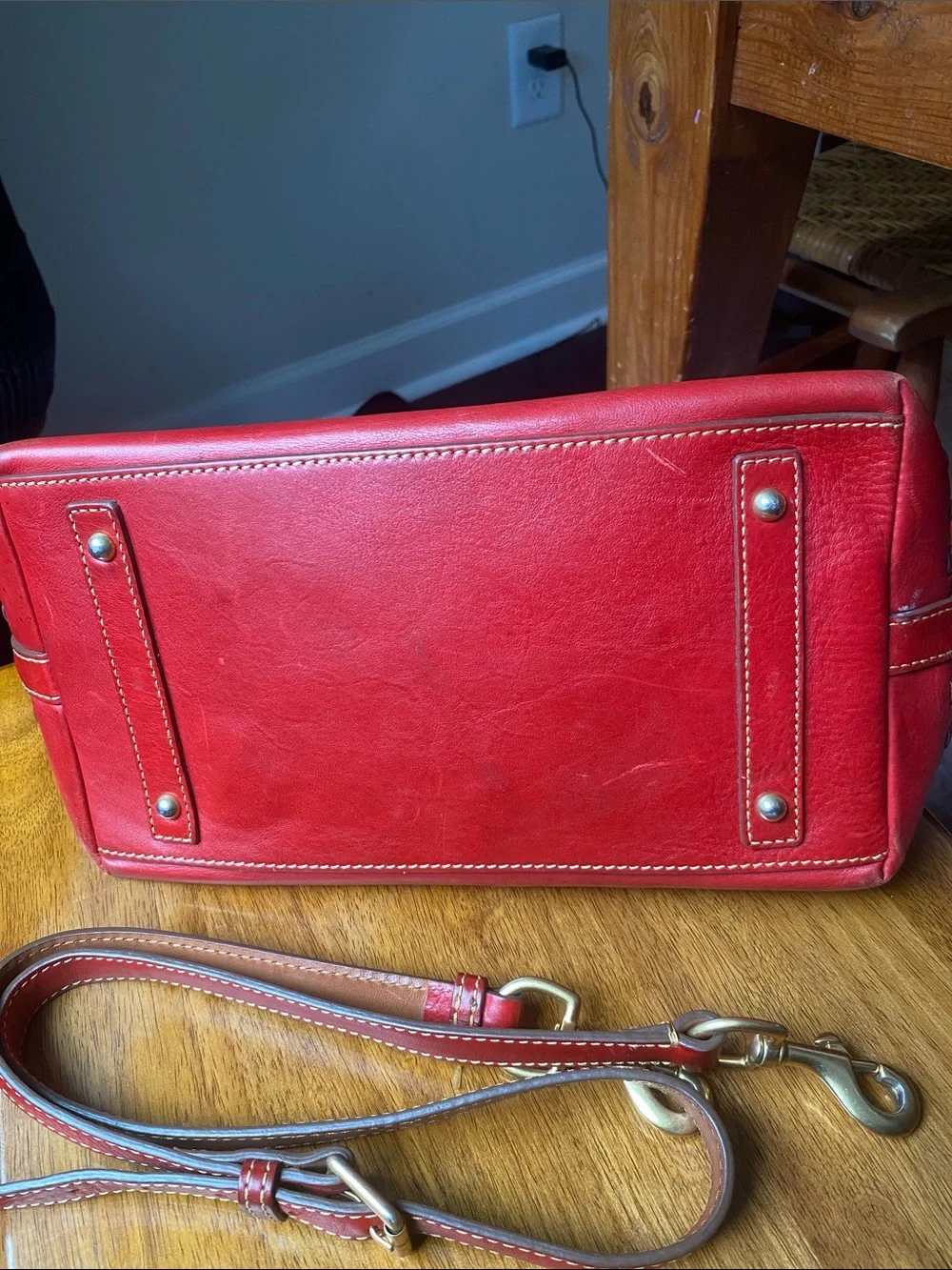 Dooney & Bourke Florentine Janine Red Leather Satchel Whip Stitching Top Handles